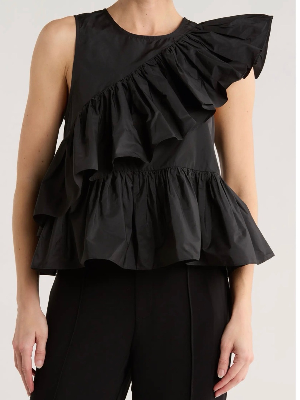 Cinq à Sept
Ricki Asymmetrical Shoulder 
Black Ruffle Peplum Top